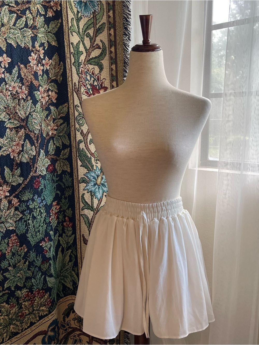 White Pleated Chiffon Shorts High Waisted with elastic waistband and drawstring